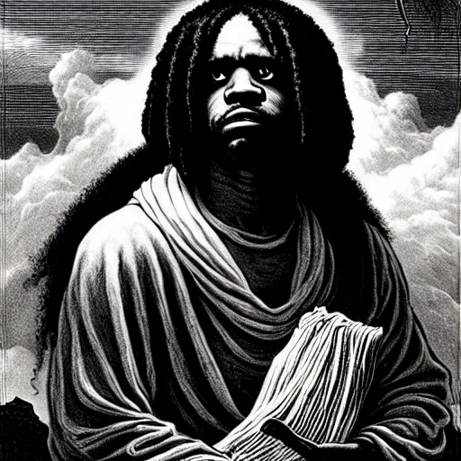 Image similar to cheef keef ascending into heaven holding pounds of weed bags, biblical image, style of gustave dore, highly detailed, beautiful, high contrast, black and white