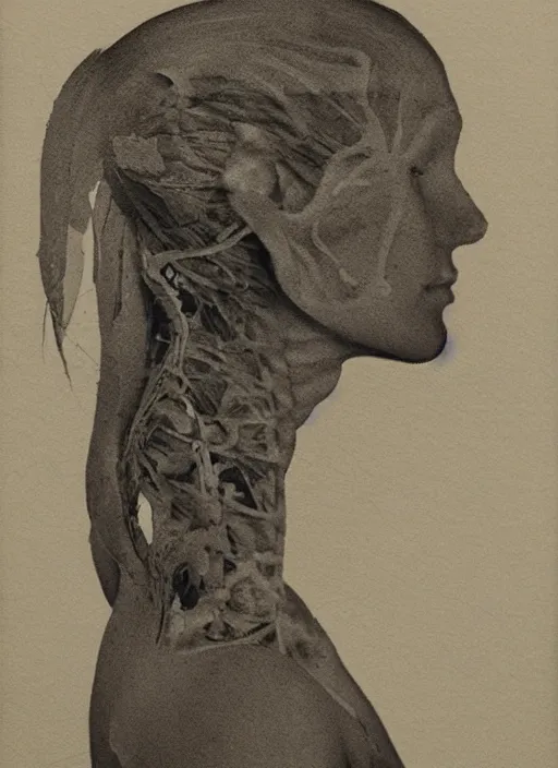 Image similar to a woman's face in profile, made of leaf skeleton, in the style of the Dutch masters and Gregory Crewdson, dark and moody