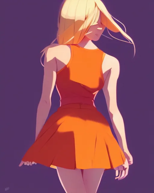 Image similar to blond woman in an orange ripped mini dress, by artgerm, by studio muti, greg rutkowski makoto shinkai takashi takeuchi studio ghibli