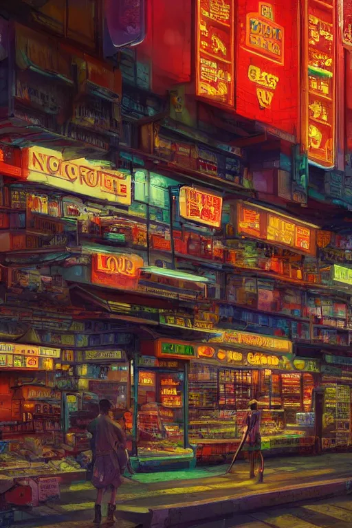 Image similar to a low angle shot of a food store at the base of a towering city, cyberpunk, neon lights, night, matte painting by Marc Simonetti, 8k