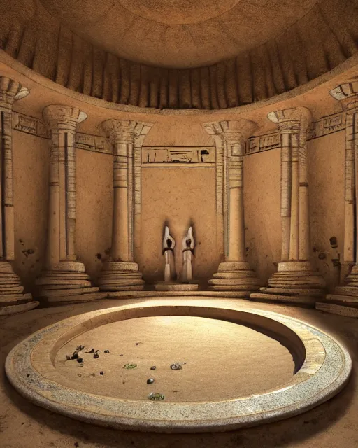 Image similar to greg rutkowski digital painting of an ornate and royal egyptian antechamber tomb, a circular pool in the tomb showing the galaxy, unreal engine, hyper realism, realistic shading, cinematic composition, blender render, octane render, hdr, detailed textures, photorealistic, ultrawide shot, 3 5 mm film