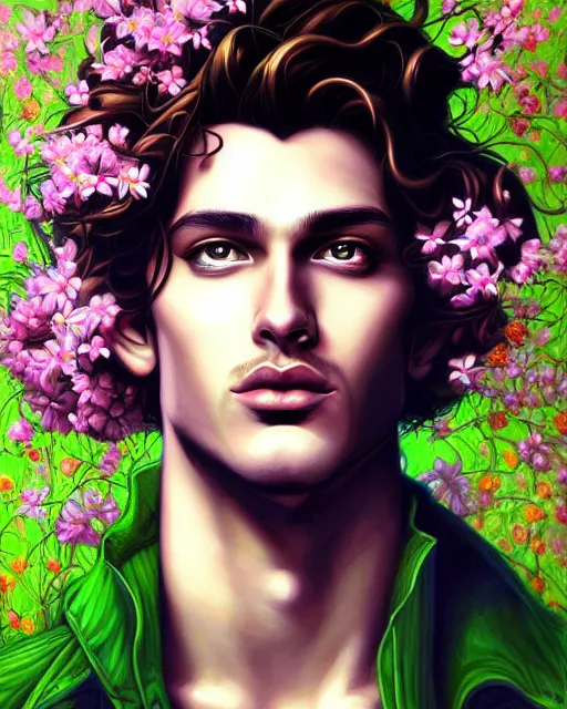Prompt: a painting of a beautiful man surrounded by flowers, an ultrafine detailed painting, by mark brooks, centered full body, featured on deviantart, fantasy art, detailed painting, deviantart, anime
