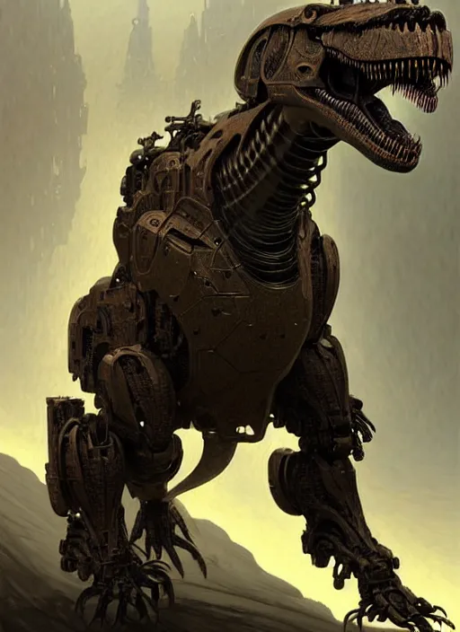 Image similar to male cyborg anthromorphic t - rex in a cybersuit, diffuse lighting, fantasy, intricate, elegant, highly detailed, lifelike, photorealistic, digital painting, artstation, illustration, concept art, smooth, sharp focus, art by john collier and albert aublet and krenz cushart and artem demura and alphonse mucha