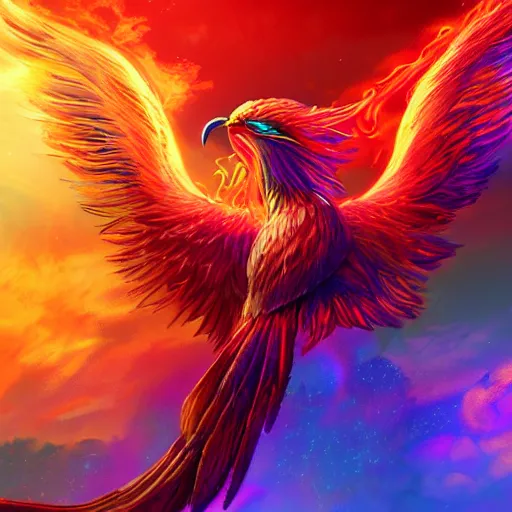 Prompt: artwork of a phoenix composed by flames, highly detailed, artstation, rainbow colors, night sky background, smooth illustration, digital art, unreal engine