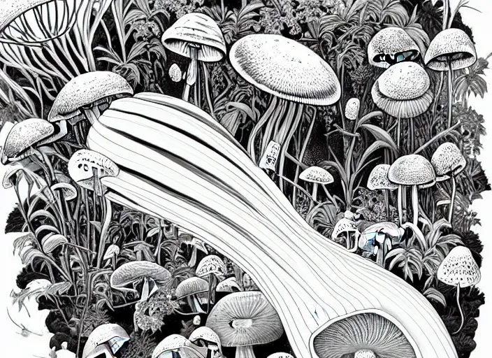 Prompt: a painting of toxic mushroom surrounded by a lot of beautiful flowers and exotic plants, a detailed painting by naranbaatar ganbold, behance contest winner, space art, ultrafine detailed painting, biomorphic mechanical, black and white, line art, top view