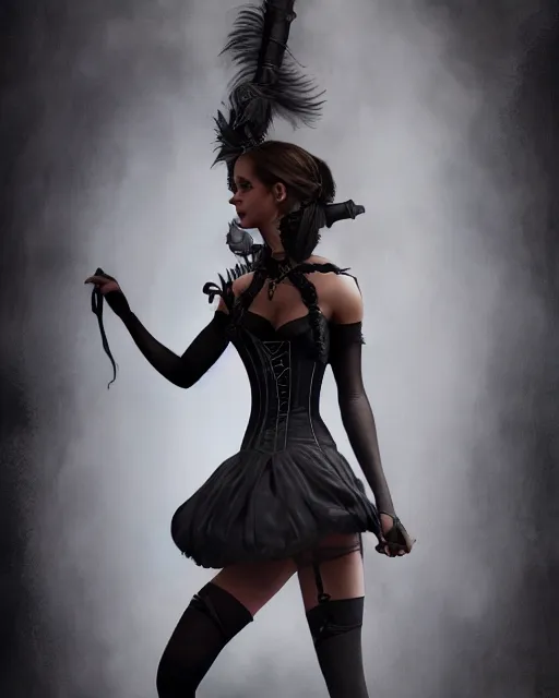 Image similar to full shot portrait painting of very beautiful emma watson standing as black maiden in stockings corset noir studio, character design by mark ryden and pixar, ue 5, daz, hyperrealistic, octane render, cosplay, rpg portrait, dynamic lighting, intricate detail, cinematic