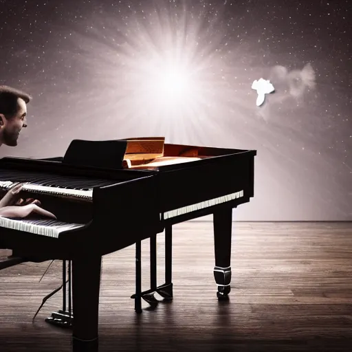 Image similar to a realistic detailed card floating in the air, light particles, piano floating in the sky, light around the piano, shadow of a man playing piano, detailed body, cinematic photo, realistic, detailed