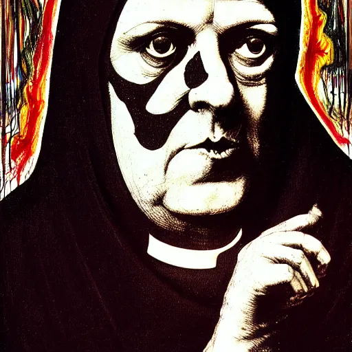 Image similar to graphic illustration, creative design, aleister crowley as a nun, biopunk, francis bacon, highly detailed, hunter s thompson, mixed media