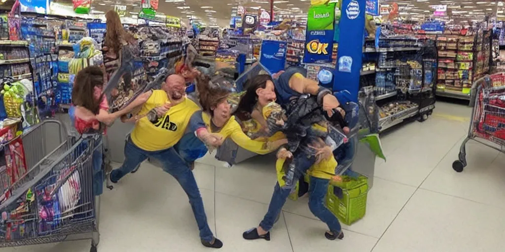 Image similar to a highly detailed photo of aliens fighting with Walmart customers, hilarious