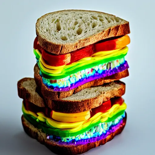 Image similar to an extremely high quality photo of a surreal rainbow-opal-topaz-sandwich, the polymer clay ((sandwich)) creation, a hybrid mixture of sandwichopalrainbow and opalrainbowtopaz, promotional photo, 4k polymer clay food photography