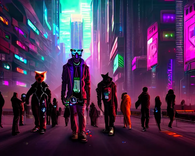 Image similar to high - resolution photograph from a cyberpunk era furry fandom convention ( midwest furfest 2 0 4 7 ), taking place after the genetic revolution and quantum singularity. photorealistic.