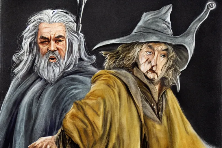 Prompt: gandalf and hobbit frodo painted in the style of francis bacon, expressionist, 4 k, realistic