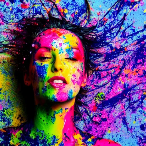 Prompt: beautiful Scottish woman splattered in coloured paint