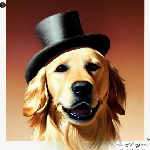 Image similar to close portrait of golden retriever dog, wearing a top hat, wearing a monocle over one eye, smiling, vaporwave, highly detailed, digital painting, artstation, concept art, smooth, sharp focus, illustration, art by artgerm and greg rutkowski and alphonse mucha