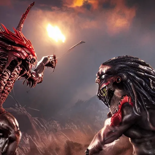 Image similar to predator fighting with omniman, photo realistic, high detail, dynamic lighting