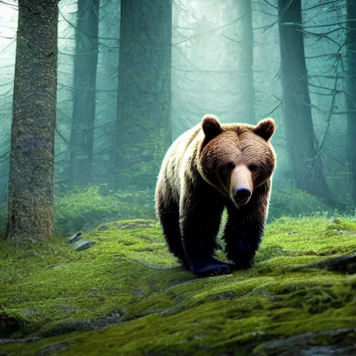 Image similar to a large grizzly bear monster running quickly through a woodland, magical forest, fantasy, Ireland, England, king Arthur, Lord of the rings, cinematic, realistic style, beautiful, majestic, dramatic lighting, early morning, dawn CGsociety, realistic, hyper maximalist, golden ratio, octane render, rule of thirds, wide shot , 8k resolution, epic volumetric light, cinematography, concept art, Artstation trending, environments, fantasy