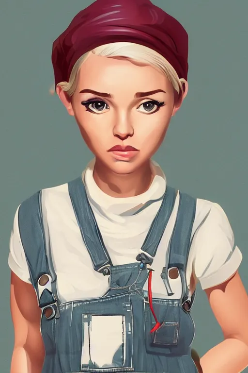 Image similar to portrait of an engineer girl with short white hair, wearing overalls, medium shot, portrait, concept art, vector line art, natural lighting, illustration, highly detailed, artstation,