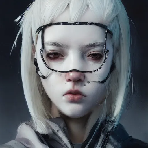 Image similar to very cool girl white hair girl with mask, streetwear, techwear, cyberpunk style outfit, full body, nose piercing, detailed portrait, intricate complexity, by greg rutkowski, cushart krentz, artgerm, ross tran, conrad roset, takato yomamoto, ilya kuvshinov. 4 k, beautiful, cinematic dramatic atmosphere, portrait lighting