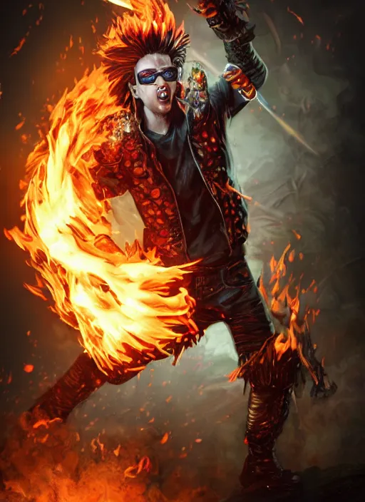 Image similar to An epic fantasy comic book style portrait painting of young man with red spiked long hair, using an orange lens googles. Wearing white shirt, a black waistcoat, brown pants and black boots. He is throwing a wild fire blast from his hands, with a vicious smile in face. Unreal 5, DAZ, hyperrealistic, octane render, cosplay, RPG portrait, dynamic lighting