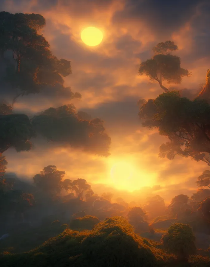 Image similar to magical sunrise in a forgotton world, cinematic, highly detailed, 8 k, octane render, trending on artstation