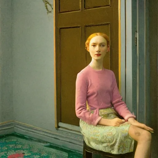 Prompt: a flowery girl in an soviet golden liminal abandoned room, film still by wes anderson, depicted by balthus, limited color palette, very intricate, art nouveau, highly detailed, lights by hopper, soft pastel colors