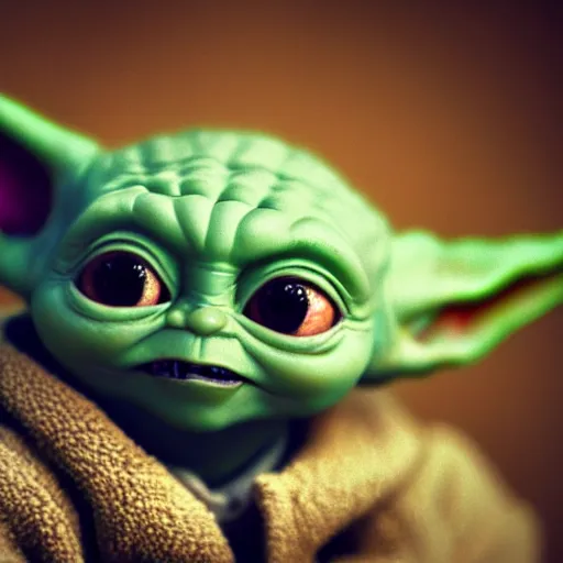 Image similar to baby yoda face closeup, strong bokeh, cinematic, high contrast, highly detailed