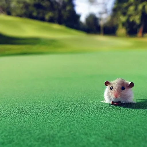 Prompt: “ hamster coming out of a golf hole, golf flag next to the hole ”