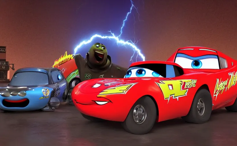 Image similar to vinn diesel and lightning mcqueen from cars 2 hugging, low - light photography, scene from the movie cars 2