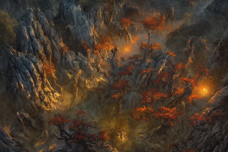 Prompt: high aerial shot, cinematic fantasy painting, dungeons and dragons, desert valley of bones with autumn maple bonsai, with sunset lighting ominous shadows by jessica rossier and brian froud