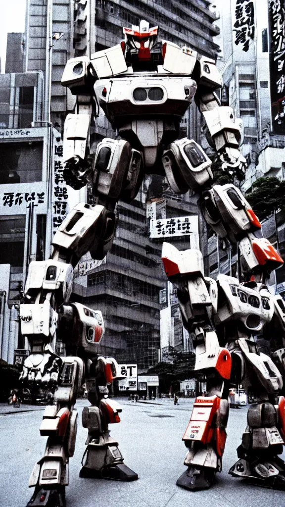 Image similar to 1 9 8 0 s giant robots fighting over tokyo, yashica t 4, slight motion blur