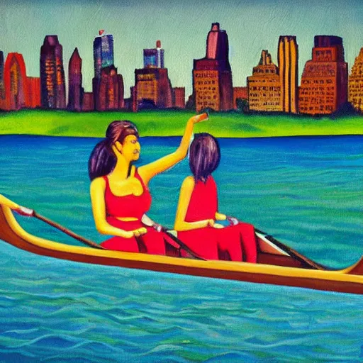 Image similar to surreal painting of a woman and a monster sitting together rowing a boat in central park