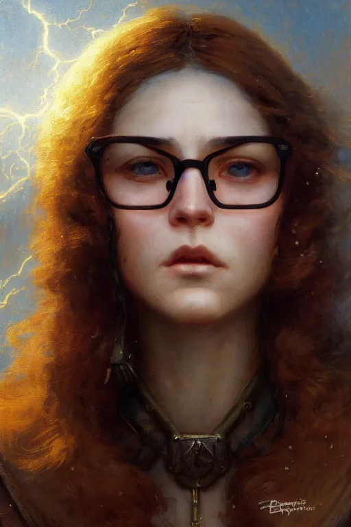 Image similar to a face portrait of geek girl, high detail, cleary see face, by gaston bussiere, bussiere rutkowski andreas rocha, bayard wu, greg rutkowski, odd nerdrum, maxim verehin, dan dos santos, masterpiece, sharp focus, cinematic lightning