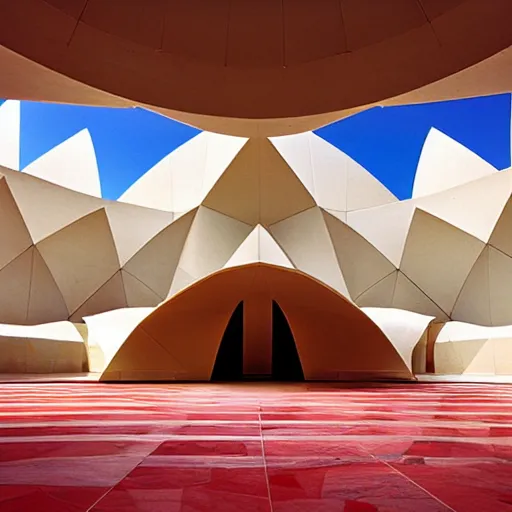 Image similar to interior of a futuristic lotus temple with gold, red and white marble panels, in the desert, by buckminster fuller and syd mead, intricate contemporary architecture, photo journalism, photography, cinematic, national geographic photoshoot