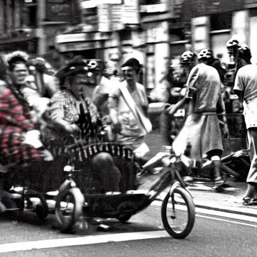 Prompt: queen elizabeth riding a tiny tricycle through a street riot, bokeh, high contrast, low angle