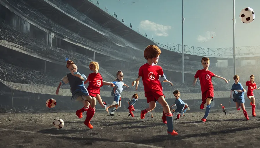 Prompt: five kids playing soccer in destroyed rfk memorial stadium, sunny day, hyperdetailed, artstation, cgsociety, 8 k