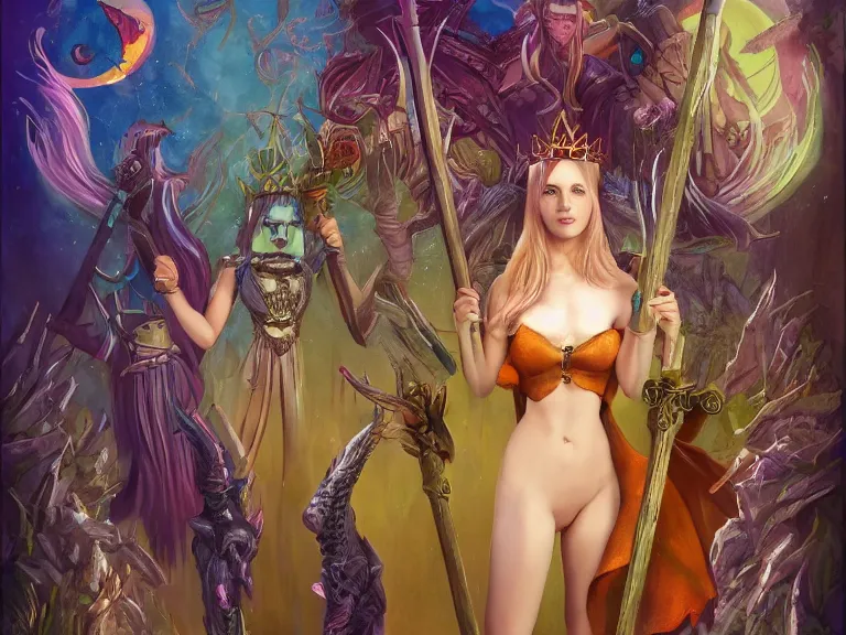 Prompt: Fantasy art styles , full size , t he queen of wands tarot card Trending on artstation. 8k