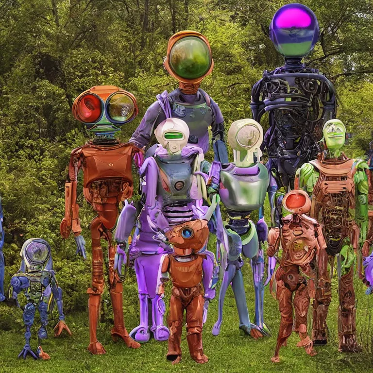 Image similar to 140mm film still from a sci fi blockbuster color movie made in 2019, set in 1860, of a human family standing in a park, next to some alien plants and flowers, their cute humanoid robot is standing next to them, on an alien planet, the family are all wearing 1850s era clothes, good lighting, good photography