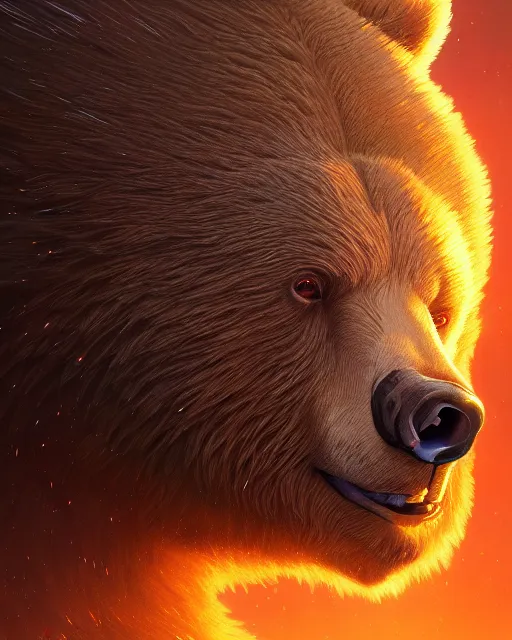 Image similar to highly detailed vfx portrait of a ferocious bear, stephen bliss, unreal engine, greg rutkowski, loish, rhads, beeple, makoto shinkai and lois van baarle, ilya kuvshinov, rossdraws, tom bagshaw, alphonse mucha, global illumination, detailed and intricate environment