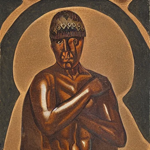 Image similar to a scrappy bronze age thief man, ancient mesopotamia, hiding, opportunistic expression, sword and sandal character portrait by anna archer, charles angrand