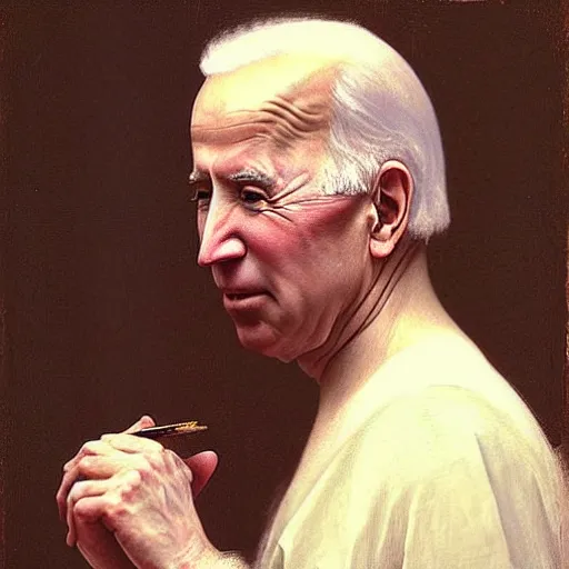 Image similar to “painting or joe Biden. Very old. Sad, wrinkly, very bony. Art by William Adolphe bouguereau. Award winning”