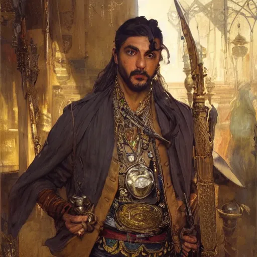 Image similar to highly detailed portrait of a handsome, wealthy kurdish merchant d & d. art by donato giancola, eugene delacroix, ruan jia, carl larsson, peter mohrbacher. trending on artstation, intricate details, energetic composition, fantasy, concept art, illustration, elegant art, global illuminaition