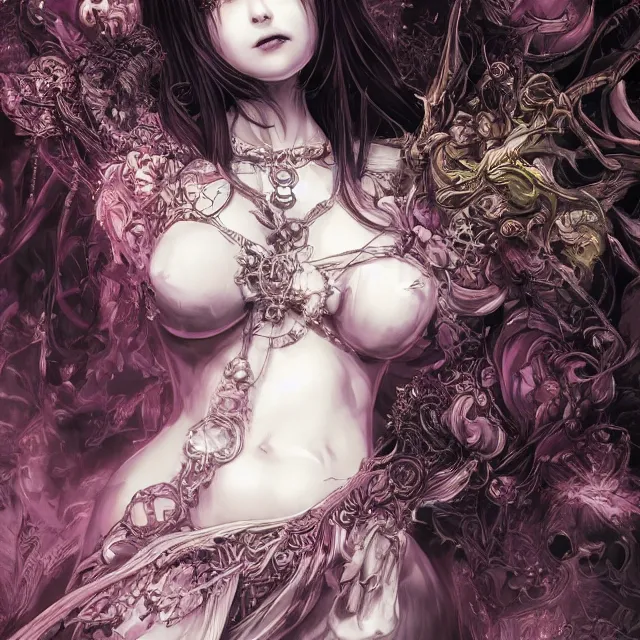 Image similar to the portrait of chaotic evil female necromancer mastermind as absurdly beautiful, gorgeous, elegant, cute young gravure idol, an ultrafine hyperdetailed illustration by kim jung gi, irakli nadar, intricate linework, bright colors, octopath traveler, final fantasy, unreal engine 5 highly rendered, global illumination, radiant light, detailed and intricate environment