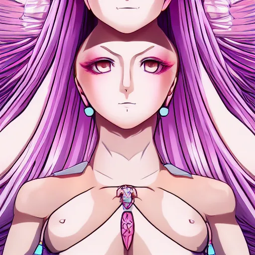 Image similar to stunningly beautiful omnipotent megalomaniacal anime goddess with porcelain skin, pink hair and mesmerizing cyan eyes, symmetrical perfect face smiling in a haughty way, mid view, hyperdetailed, 2 d, 8 k