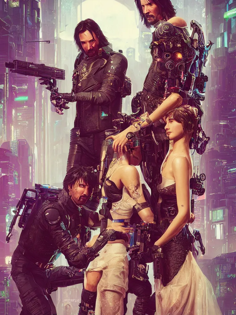 Image similar to a cyberpunk 2077 wedding couple portrait of Keanu Reeves and V in love story,pray,hug,hold,kiss,film lighting,by Lawrence Alma-Tadema,Andrei Riabovitchev,Laurie Greasley,Dan Mumford, John Wick,Speed,Replicas,artstation,deviantart,FAN ART,full of color,Digital painting,face enhance,highly detailed,8K,octane,golden ratio,cinematic lighting