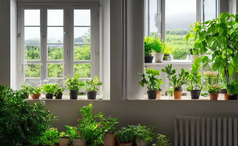 Prompt: photorealistic imagery of interior of house in vilalge, window, plants, cups, food, vegetable plant, field landscape