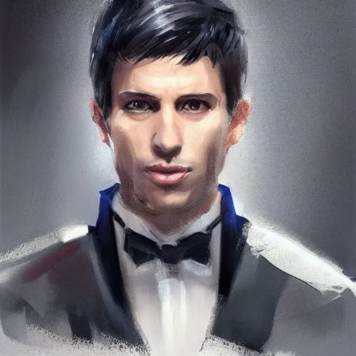 Prompt: portrait of a man by greg rutkowski, he is! about 3 0 years old, short black hair with bangs, his features are a mix between french, turkish and russian and he is wearing futuristic prosecutor suit, highly detailed portrait, digital painting, artstation, concept art, smooth, sharp foccus ilustration, artstation hq