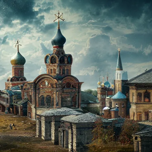 Prompt: photo ancient Russian city of Kitezh, ancient Slavs, concept art, fantasy cityscape, ancient Russian architecture, terem, top cinematic lighting , cinematic mood, very detailed, shot in canon, 8k, high resolution