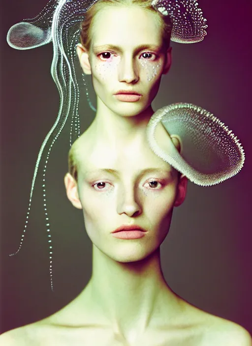 Image similar to Kodak Portra 400, 8K, soft light, volumetric lighting, highly detailed, britt marling style 3/4 , portrait photography of a beautiful woman by Paolo Roversi, face and body merging with jellyfishes, symbolic metamorphosis complex 3d render , 150 mm lens, art nouveau fashion embroidered,bust with intricate underwaters details, elegant, hyper realistic, ultra detailed, octane render, underwater soft colours, emotionally evoking, head in focus, fantasy, elegant, soft light, volumetric lighting, highly detailed, Refined, Highly Detailed, soft pastel lighting colors scheme, fine art photography, Hyper realistic, photo realistic