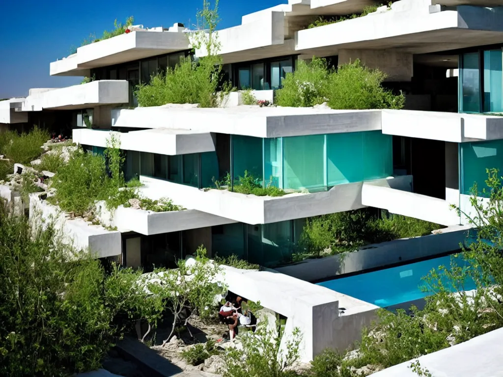 Prompt: habitat 6 7, white terraced architecture house in the dessert, many plants and infinite pool, colorful glass wall, joyful people in the house