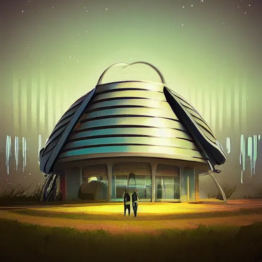 Prompt: Big atom science research building by Christopher Balaskas